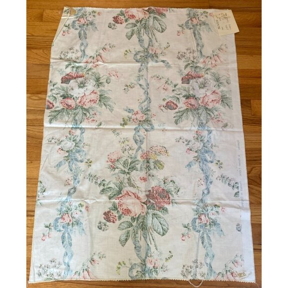Vintage Ramm Fabric  Sample 35 1/4" x 25"  Pink Roses & Blue Ribbons Cotton Romn - Picture 4 of 6